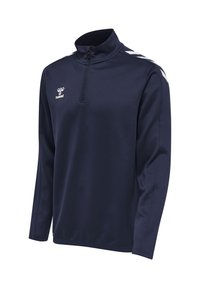 Marineblauer Sportpullover mit langen Ärmeln und Viertelreißverschluss, weiße Chevron-Streifen auf den Schultern und kleines weißes Logo auf der Brust.