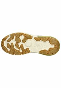 Suola in gomma con un motivo ondulato marrone e crema; presenta il logo Jeep e l'impronta della taglia 42. Design leggero e strutturato.