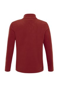 Pullover in pile rosso con colletto alto, maniche lunghe e una texture liscia. Presenta un design semplice senza chiusure o fantasie visibili.