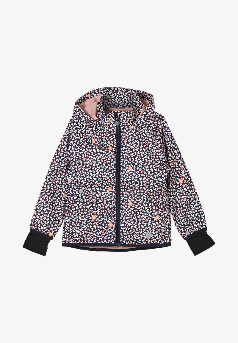 Veste à capuche pour enfants avec des imprimés de cœurs et de fleurs roses, blancs et bleu sarcelle, poignets noirs et fermeture éclair devant.