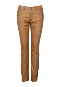 Bruine leren broek met een slim fit, voorzien van voorzakken, een ritsgulp en kniestukken voor extra detail. Gladde textuur overal.