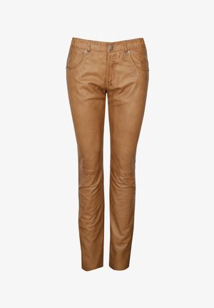 Brune læderbukser med slim fit, der har forlommer, lynlås og knælommer for ekstra detalje. Glat tekstur i hele stoffet.