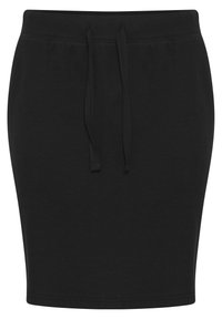 Jupe noire côtelée au design ajusté, avec une taille à cordon de serrage et une texture lisse. L'ourlet est légèrement courbé, créant une silhouette épurée.