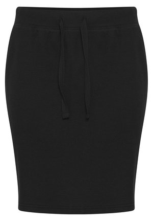 Sort ribbet nederdel med et tætsiddende design, snørebånd i taljen og blød tekstur. Nederdelen har en let buet kant, der skaber et strømlinet look.