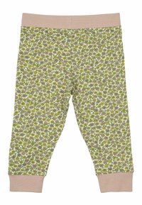 Blommiga leggings med en beige midja och muddar. Mönstret har gröna och lila blommor på en krämfärgad bakgrund. Stretchigt tyg.