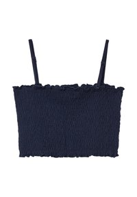 Granatowy krótki top z marszczonymi detalami, cienkimi regulowanymi ramiączkami i falbaną wzdłuż dekoltu.