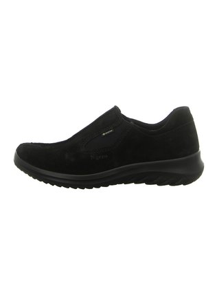 Black slip-on shoes made of suede, featuring a textured surface, elastic side panels for easy wear, and a cushioned sole for comfort.