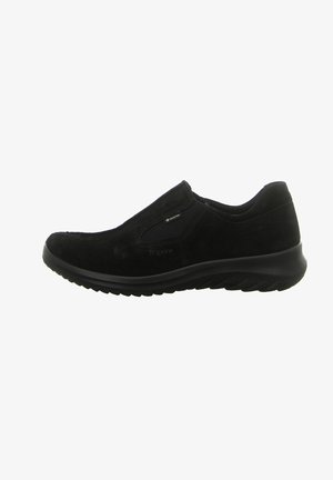 Schwarze Slipper aus Wildleder mit strukturierter Oberfläche, elastischen Seiteneinsätzen für einfaches An- und Ausziehen und einer gepolsterten Sohle für zusätzlichen Komfort.