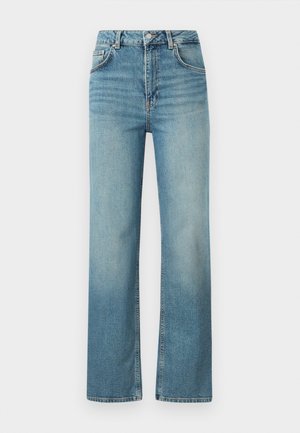 Gaiši zili taisnas kājas džinsa džinsi ar augstu vidukli, priekšējo pogu un rāvējslēdzēja aizdari, kā arī piecu kabatu dizainu.