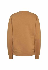 Felpa marrone con colletto rotondo, maniche lunghe, polsini e orlo a costine, caratterizzata da una texture liscia e senza dettagli di design visibili.