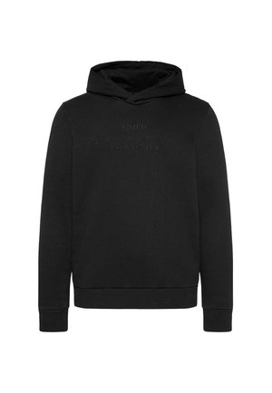 Schwarzer Hoodie aus weichem Stoff mit einer vorderen Kängurutasche, gerippten Bündchen und geprägt aufgedrucktem Text auf der Brust. Klassischer Schnitt.