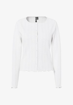 Cardigan blanc à côtes avec des manches longues, un col rond et une fermeture à boutons. L'ourlet et les poignets à bord festonné ajoutent de la texture au design.