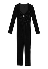 Jumpsuit in velluto nero con maniche lunghe, scollatura quadrata, parte frontale arricciata e dettaglio in strass quadrati in vita. Gambe aderenti.