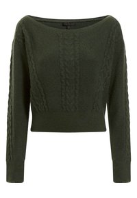 Pull en maille vert foncé avec des motifs torsadés sur le devant et les manches, manches longues, large encolure bateau, et ourlet côtelé ajusté.