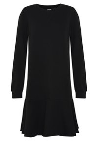 Vestido negro de manga larga con escote redondo, confeccionado en una tela suave, presenta un dobladillo acampanado y puños con ribete. Diseño simple y clásico.