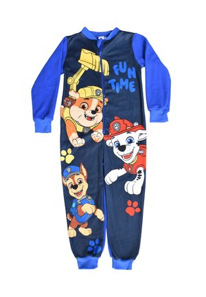 Children’s blue onesie with paw patrol characters and "FUN TIME" text on front, zip closure, long sleeves, and cuffed ankles.
