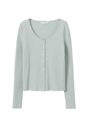 Cardigan en maille côtelée gris clair avec manches longues et six boutons devant, avec un col rond.