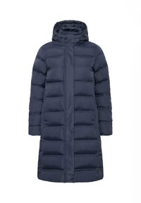 Long navy puffer coat made of quilted fabric. Features a high collar, hood, and long sleeves. Smooth texture with horizontal seams.