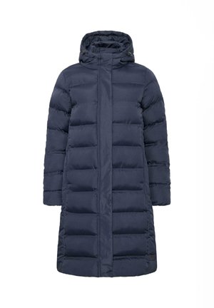Lang marineblå pufferjakke laget av quiltet stoff. Har høy krage, hette og lange ermer. Jevn tekstur med horisontale sømmer.