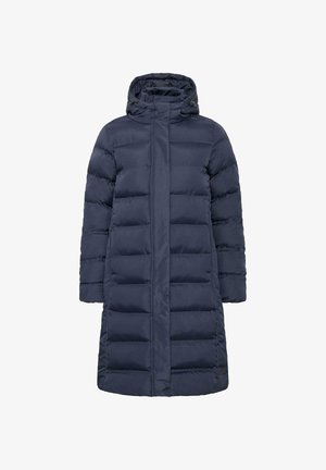 Lang marineblå pufferjakke laget av quiltet stoff. Har høy krage, hette og lange ermer. Jevn tekstur med horisontale sømmer.