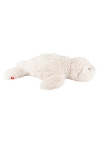 Plush seal toy in soft, fluffy, cream-colored material; features rounded head, flippers, and facial details in gray and black.