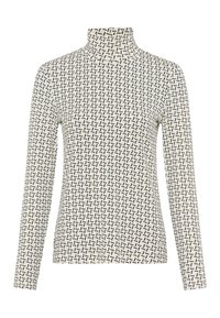 Langærmet turtleneck-top i creme med et sort geometrisk mønster. Har en tætsiddende pasform og en glat tekstur hele vejen igennem.