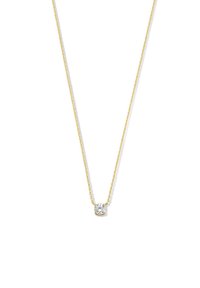 Goldkette mit zartem Design, ausgestattet mit einem kleinen, runden klaren Edelsteinanhänger in der Mitte.