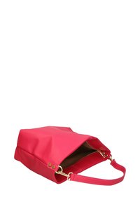 Borsa a tracolla in pelle rosa con design strutturato, apertura superiore e tracolla regolabile. Presenta accessori in tonalità oro e una superficie liscia.