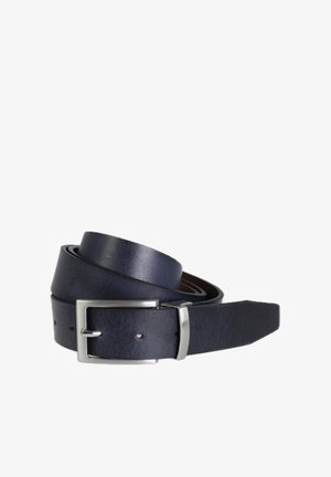 Navy leather belt with a textured finish, silver-tone metal buckle, and multiple adjustment holes. Features a sleek, flat design.