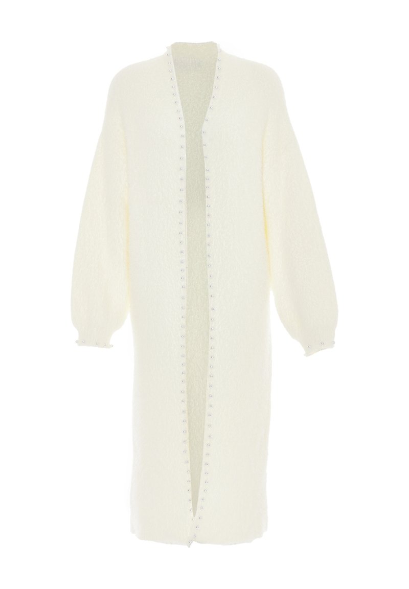 Long, open-front cardigan in soft white fabric with a textured finish. Features wide sleeves and small decorative beads along the front.