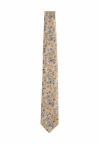 Cravate florale en tissu jaune, ornée de petites fleurs bleues et blanches avec des accents verts. Design slim avec une extrémité pointue.
