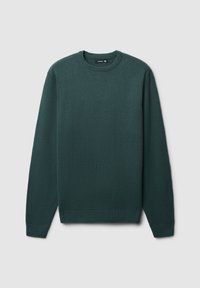 Maglione verde a maglia con collo rotondo, maniche lunghe e polsini e orlo a coste. Tessuto testurizzato in un colore solido, taglia XL.