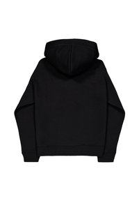 Hanorac negru cu glugă, cu un design simplu, dintr-un material moale și cu buzunar tip kangaroo, cu manșete și tiv curbate.