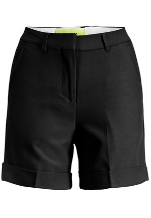 Pantaloni neri realizzati in tessuto liscio, con un design su misura, orlo piegato e due tasche laterali. Stile classico e versatile.