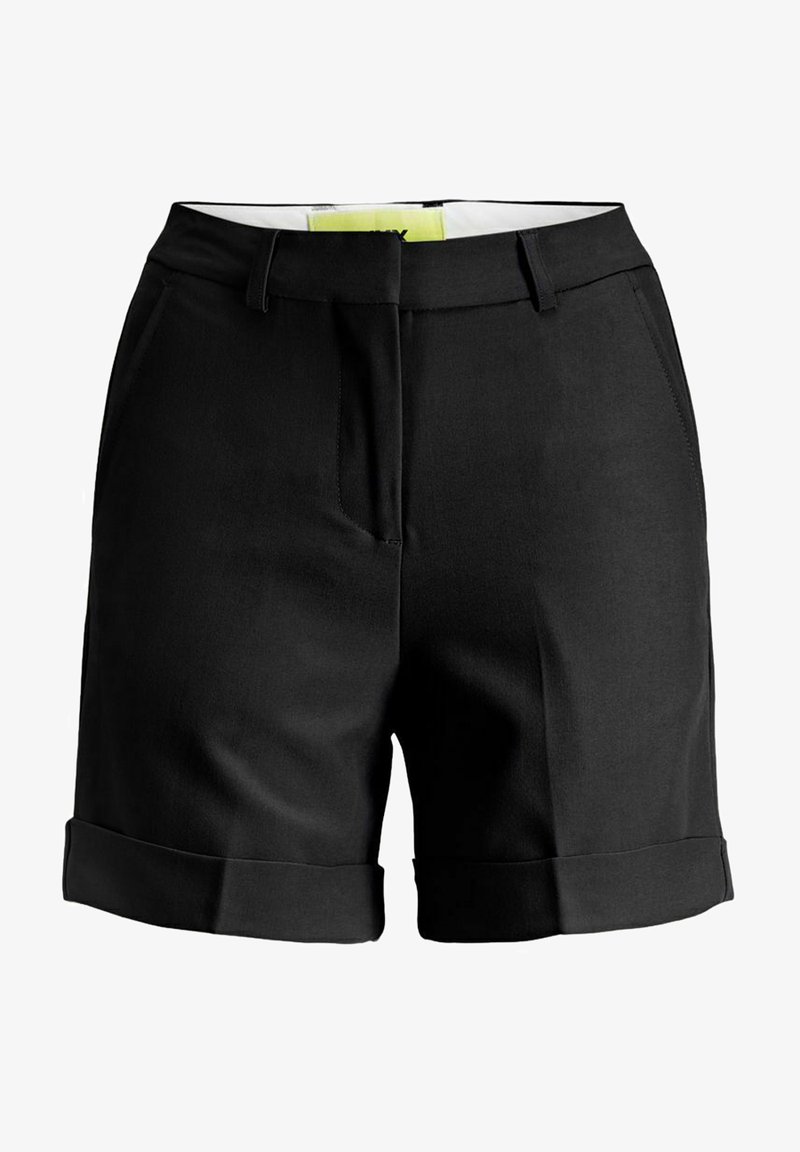 Juodi šortai iš glotnaus audinio, su pritaikytu dizainu, supjaustytu kraštu ir dviem šoninėmis kišenėmis. Klasikinis ir universalus stilius.