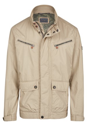 Beige Herren-Casual-Jacke mit Stehkragen, zwei Brusttaschen mit Reißverschluss, zwei aufgesetzten Taschen mit Knöpfen vorne sowie Knopf- und Reißverschluss-Frontverschluss.