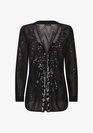 Cardigan noir et transparent à manches longues, avec des embellissements en sequins à motifs dans des teintes de violet et d'argent. Conception en V et ouverture à l'avant.