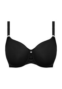 Musta rintaliivi, jossa on sileä kangas, tukeva alumiinivarren tuki, pitsipaneeli keskellä, säädettävät olkaimet ja hopeanväriset yksityiskohdat.