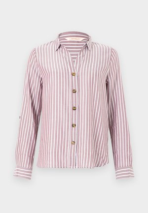 Camisa de manga larga color malva con rayas verticales blancas, botones de madera en la parte delantera y cuello clásico.