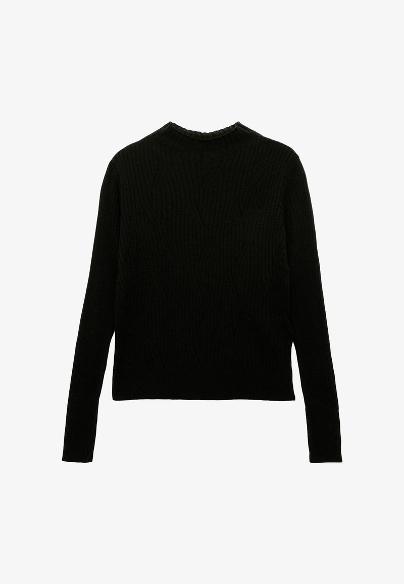 Suéter negro de punto con textura acanalada, mangas largas y cuello redondo. Presenta un patrón geométrico tejido en la tela.