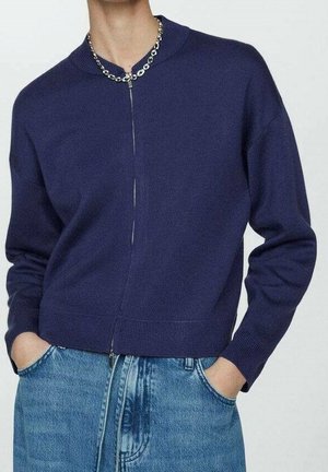 Osoba ubrana w granatowy sweter na zamek z srebrnym łańcuszkiem na szyi i niebieskie dżinsy, ręce w kieszeniach, na jednolitym tle.