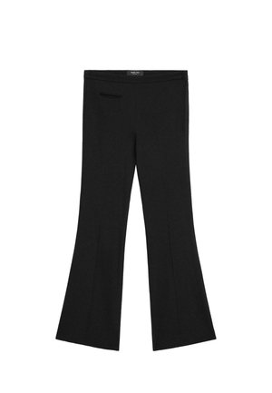 Black wide-leg trousers with a slim waistband and a single horizontal zippered pocket on the right side.