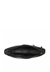 Borsa nera in pelle con due scomparti con zip, design piatto, texture liscia e dettagli in metallo. Gli interni sono foderati e di colore scuro.