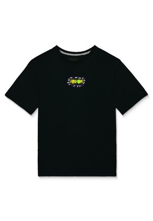 T-shirt noir à manches courtes avec un petit logo Volcom coloré entouré de motifs d'yeux sur la poitrine.