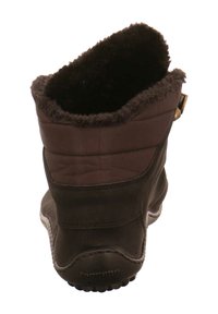 Braune wasserdichte Stiefelette mit plüschigem schwarzen Futter, gestepptem Design am Obermaterial, seitlichem Schnallen-Detail und strukturiertem Gummi-Sohle.