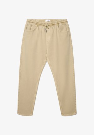 Beżowe spodnie z elastycznym pasem na sznurek, wyposażone w dwie kieszenie z przodu i zwężany krój. Tkanina z mieszanki bawełny o miękkiej fakturze.