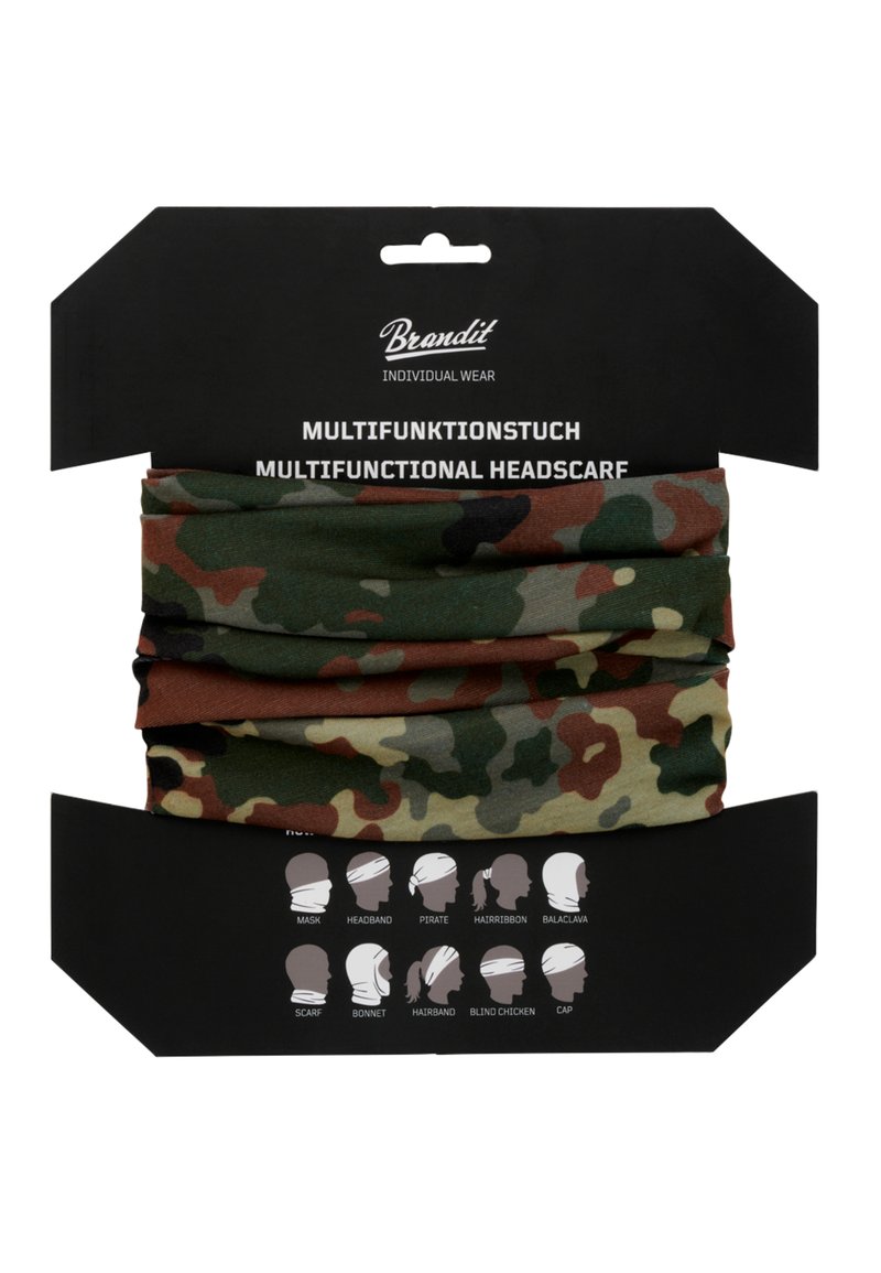 Foulard multifunzionale con motivo mimetico caratterizzato da tonalità di verde, marrone e nero. Tessuto elastico, confezionato su una scheda nera.