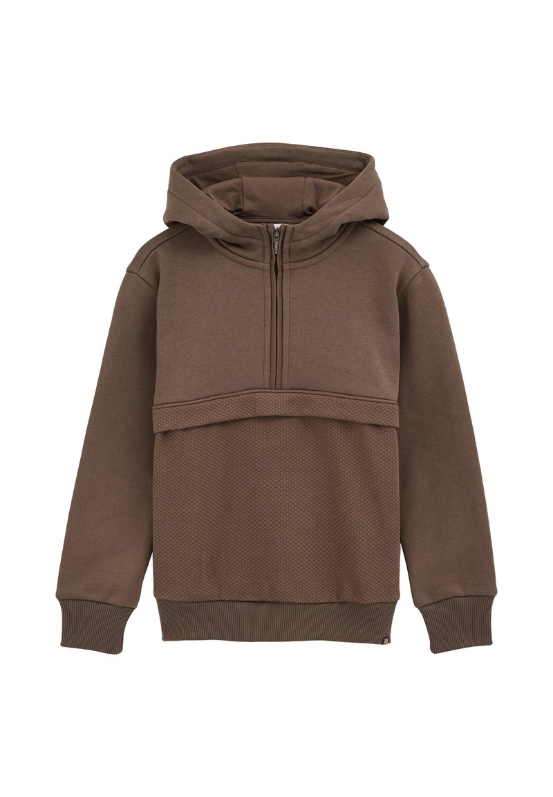 Hnedá mikina s polovičným zipsom, s textúrovanou časťou na dolnom prednom díle, rebrovanými manžetami a lemom a veľkou kapucňou.