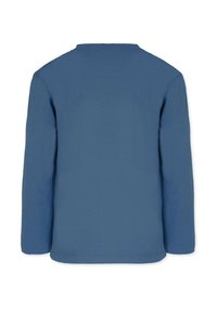 Langärmliges Kleidungsstück aus einfarbigem blauen Baumwollstoff, mit rundem Ausschnitt und geradem Saum. Weiche Textur ohne sichtbare Muster oder Akzente.