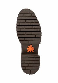 Suela de zapato de goma marrón con patrones texturizados, surcos de tracción y un logo central en forma de estrella naranja. Presenta un diseño de borde ancho y redondeado.